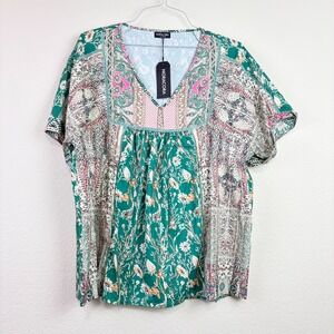 Noracora XXL Green Mixed Floral Paisley V-Neck Blouse Boho Top Cottage Garden